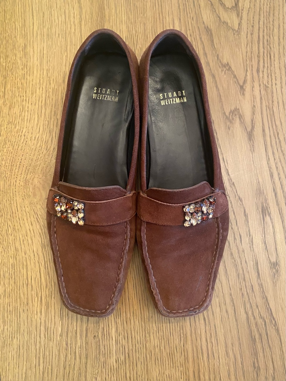 Stuart Weitzman Brown Suede Loafers with Crystal Embellishment 8.5